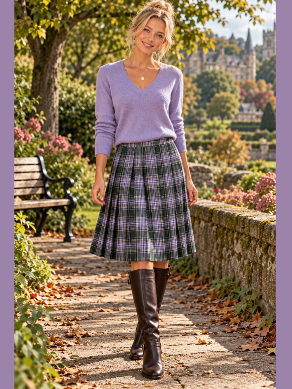 F.A. Chatta Lavender & Dark Green Wool Pleated Plaid Tartan Skirt -14- LIKE NEW